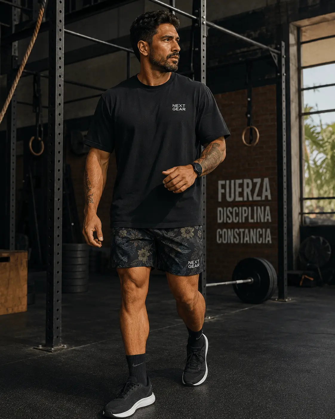 Camiseta negra y short estampado, entrenando en gimnasio.
