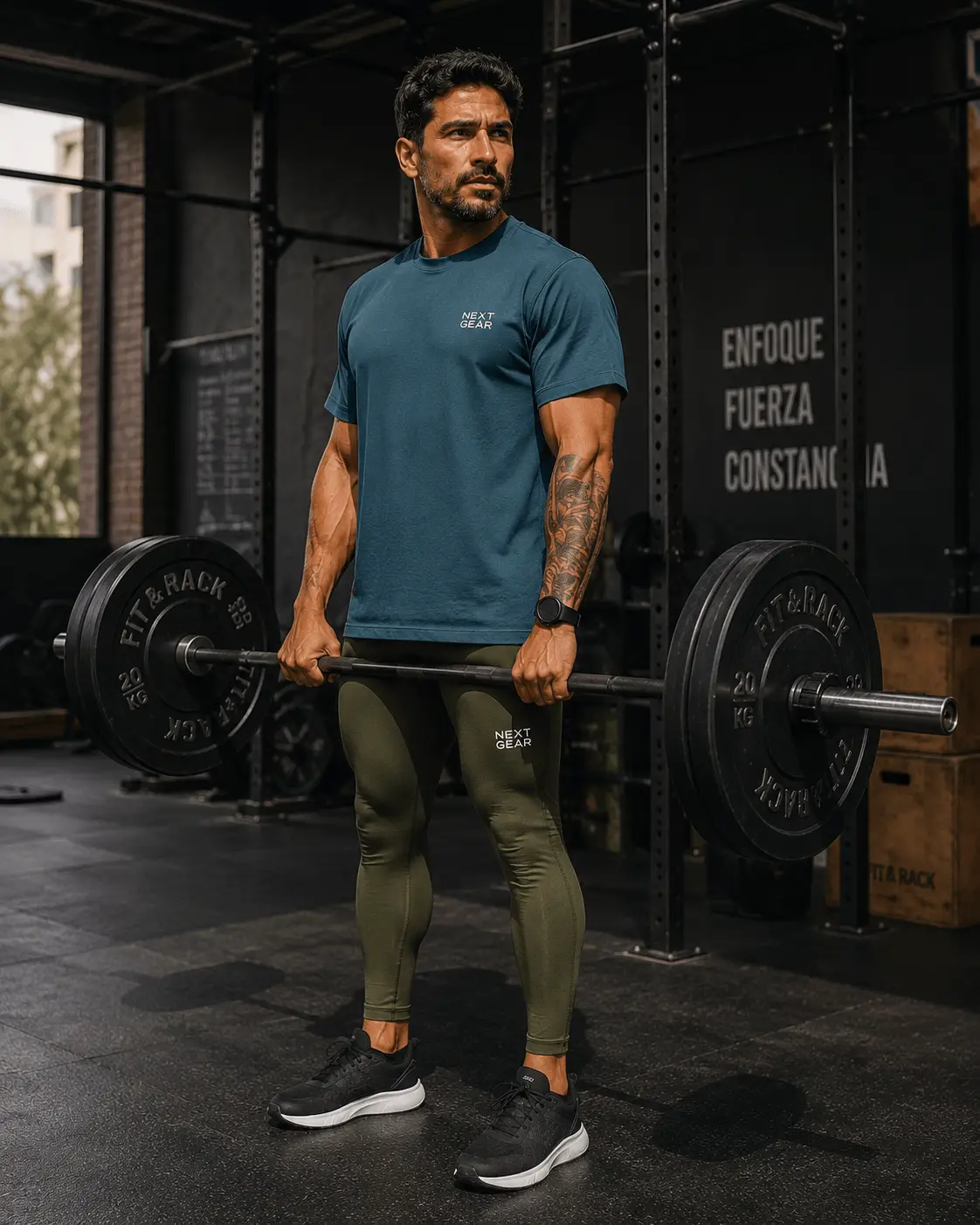 Camiseta azul y calza verde militar, levantando barra.