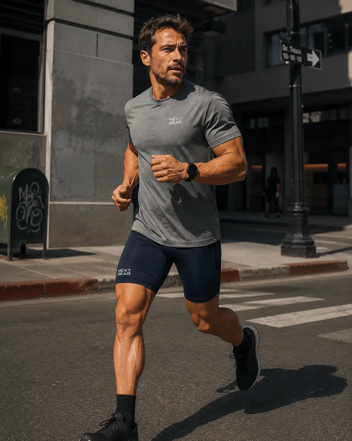 Camiseta gris y short azul, corriendo en la ciudad.