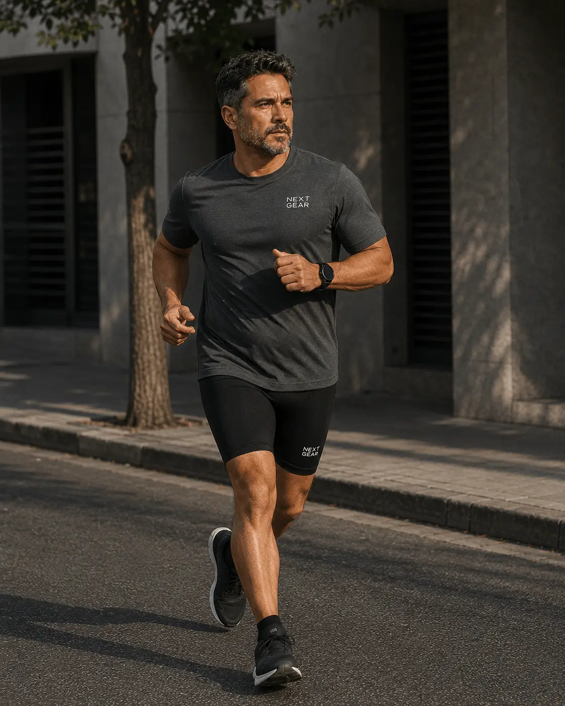 Camiseta gris y calza corta negra, corriendo por la calle.