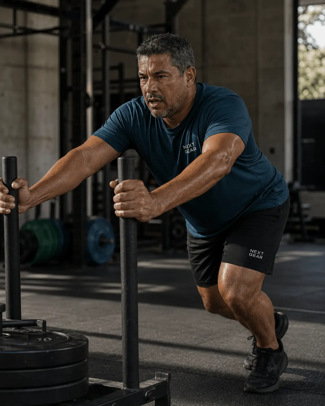 Camiseta azul y short negro, empujando un trineo cargado en el gimnasio.